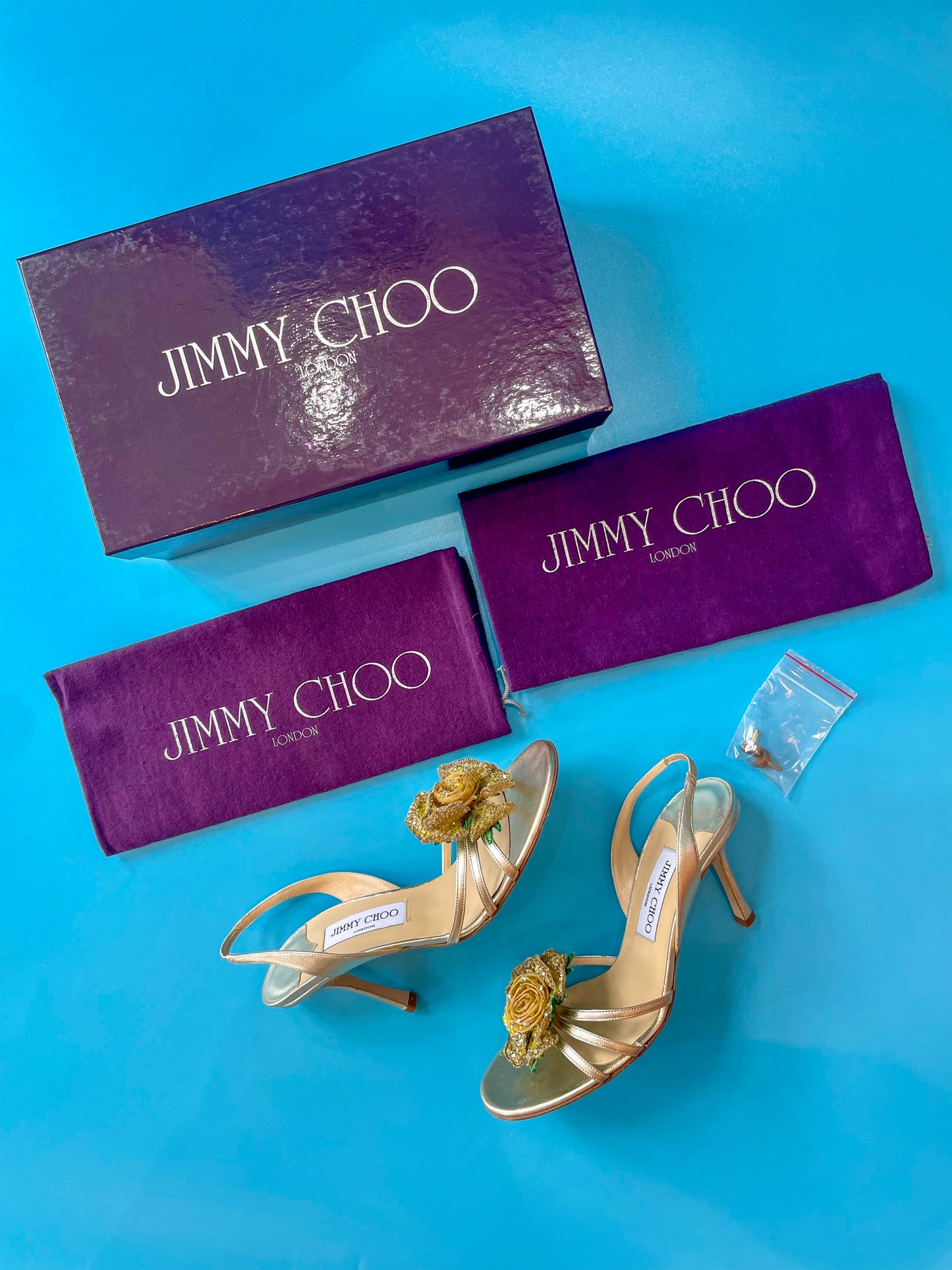 Y2K Jimmy Choo Gold Rose Strappy Heels New In Box