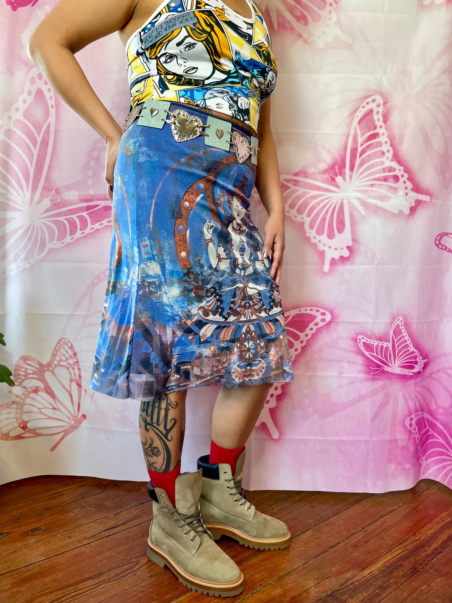 90s Vivienne Tam Buddha Printed Mesh Skirt