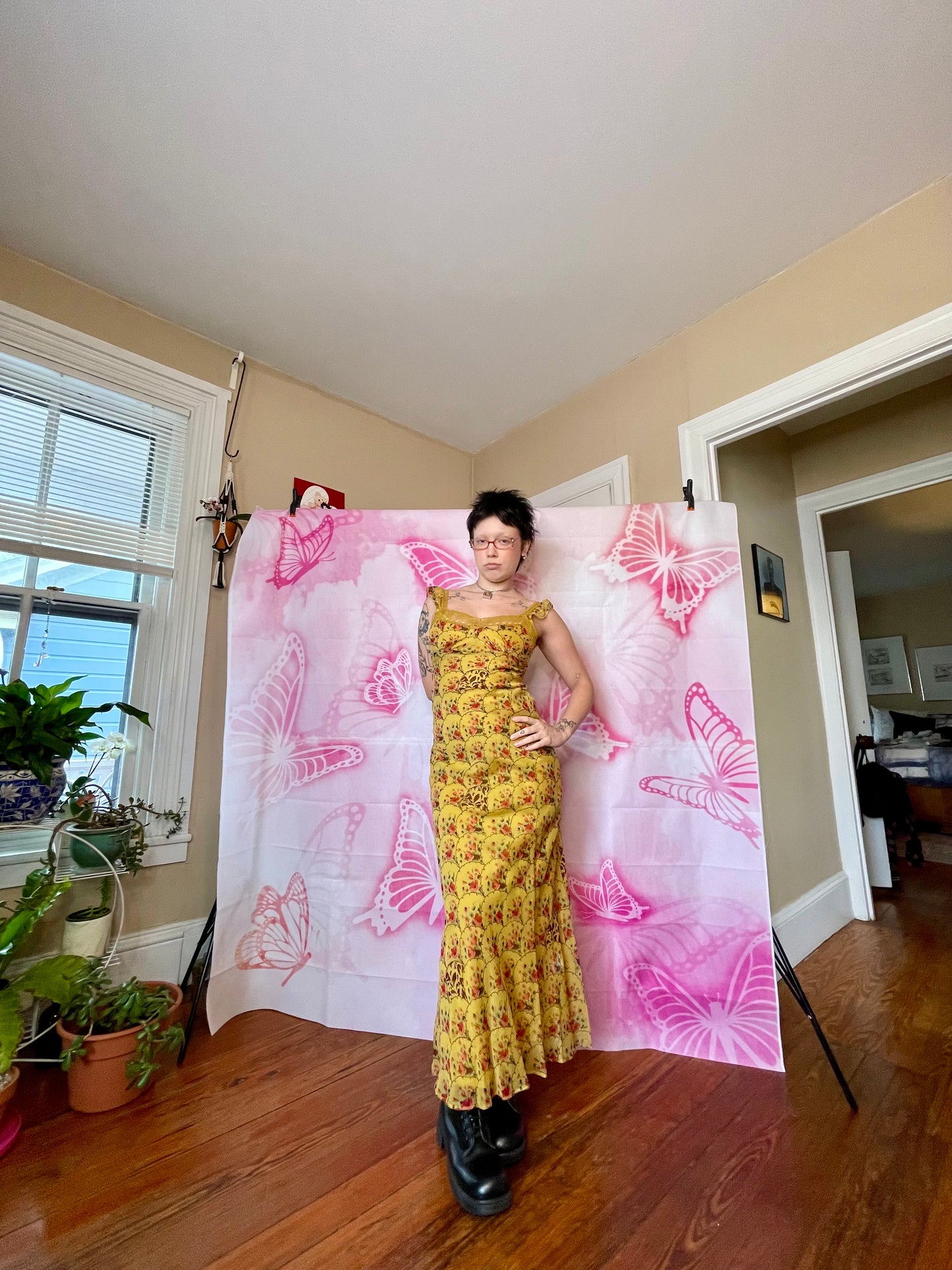 00s Betsey Johnson Milkmaid Mustard Floral Maxi Dress