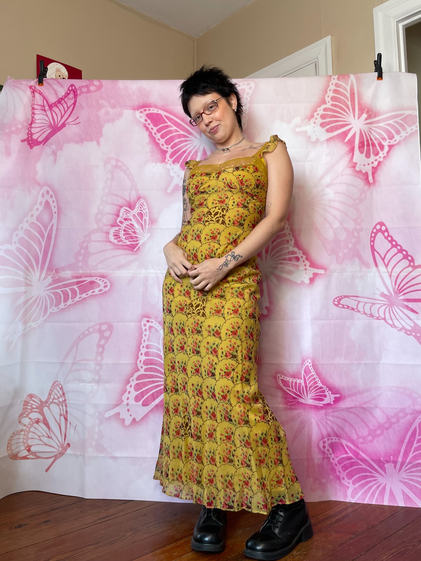 00s Betsey Johnson Milkmaid Mustard Floral Maxi Dress