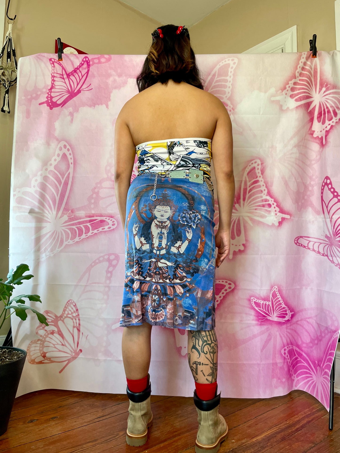 90s Vivienne Tam Buddha Printed Mesh Skirt