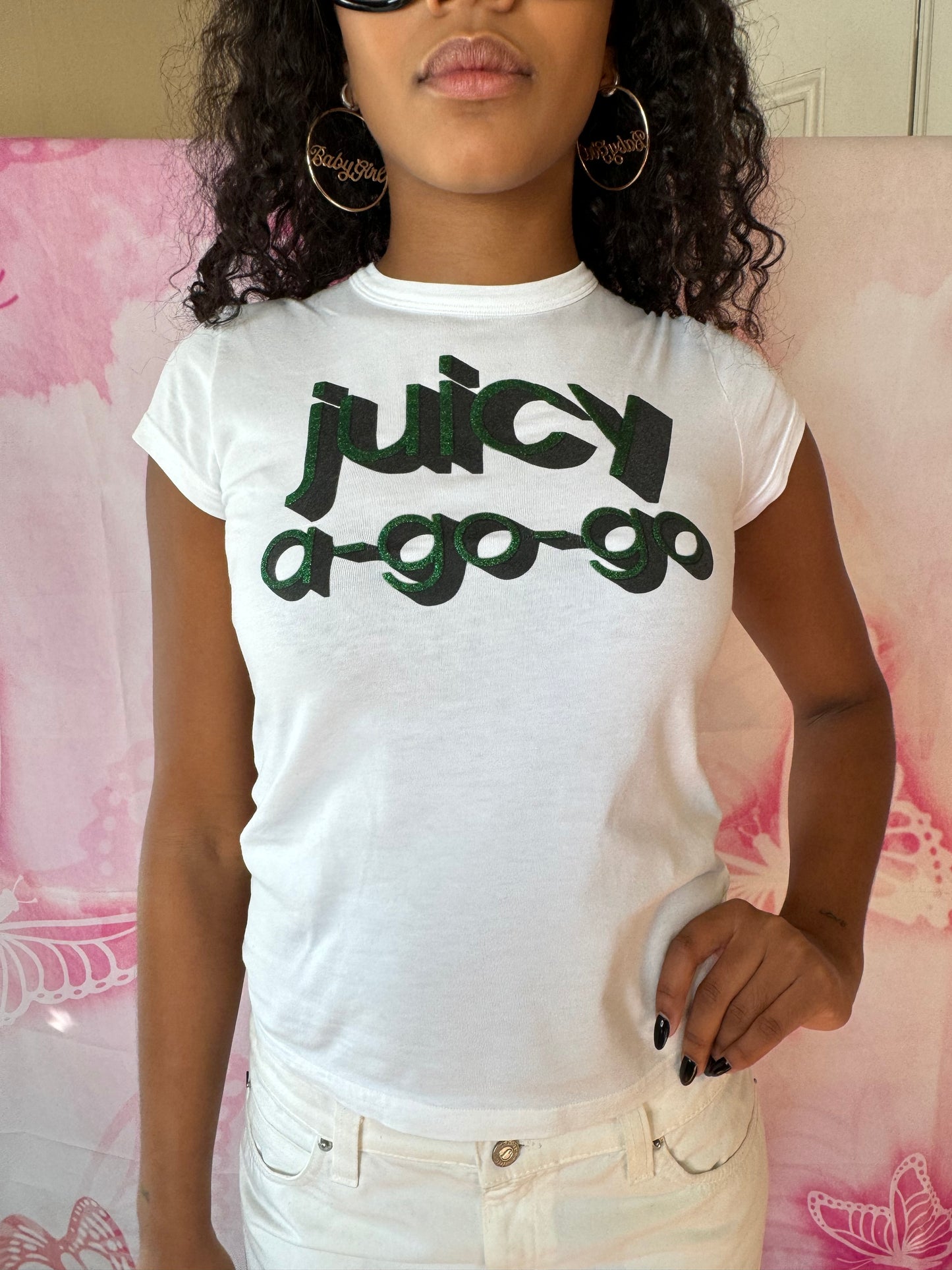 Y2K Juicy Couture Pam & Gela Era “Juicy-A-Go-Go” Glitter Baby Tee