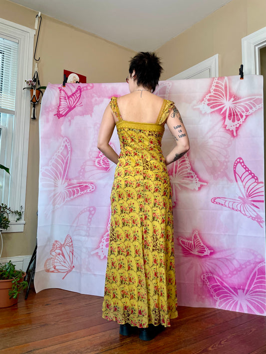 00s Betsey Johnson Milkmaid Mustard Floral Maxi Dress