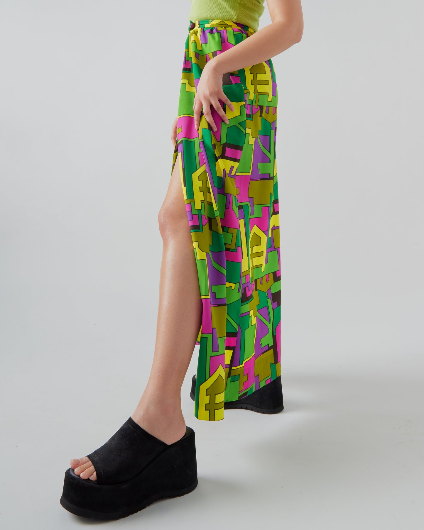 70s Geometric Print Convertible Open Front Maxi Skirt