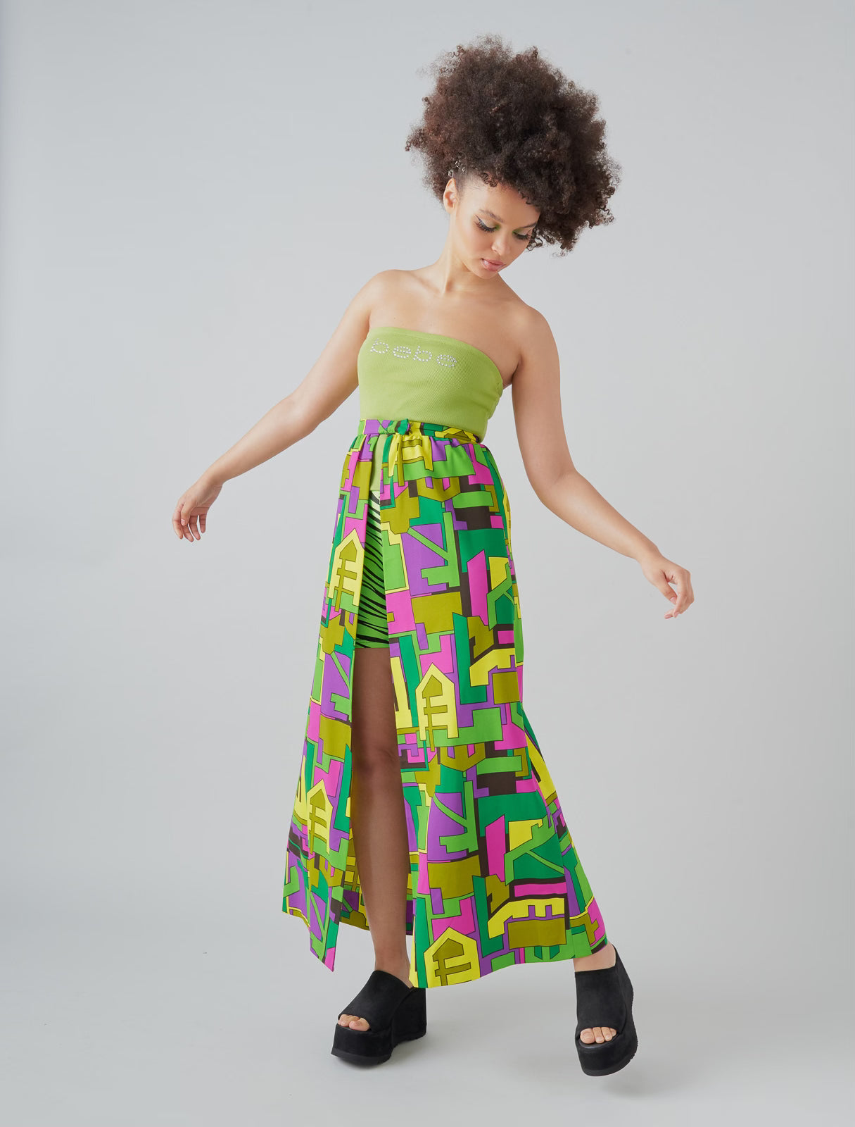 70s Geometric Print Convertible Open Front Maxi Skirt