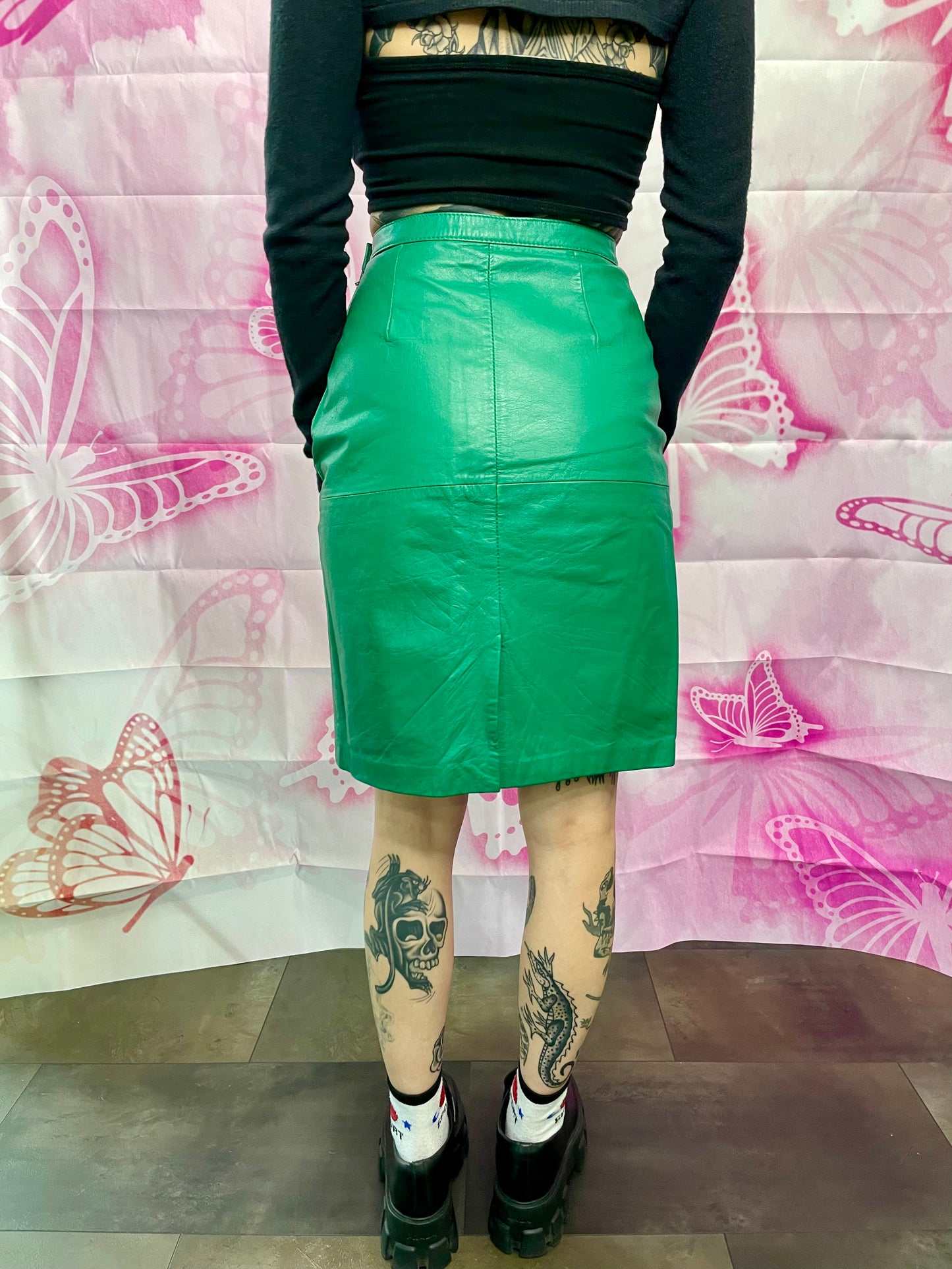 90s Emerald Leather Pencil Skirt