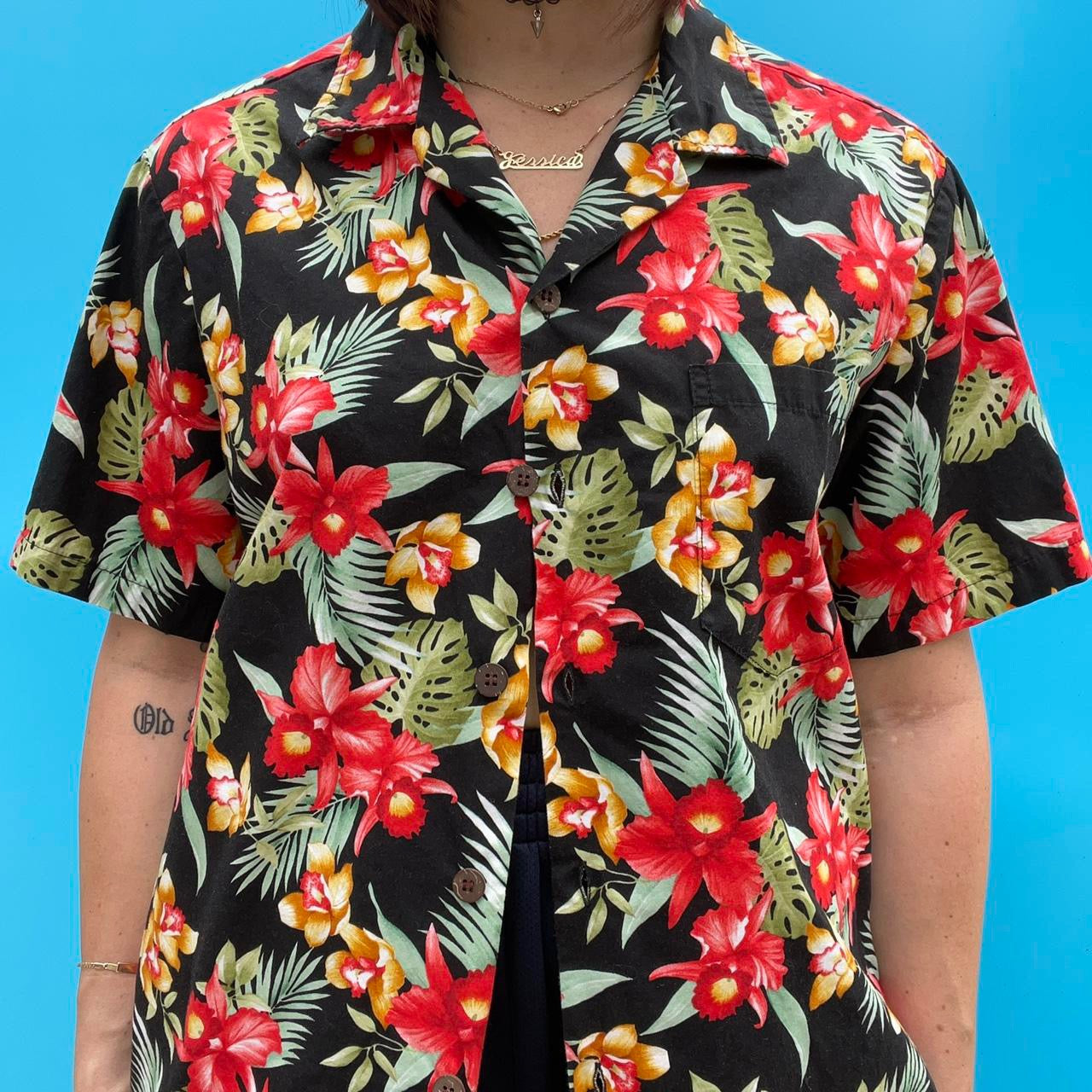 90s Orchid/ Monstera Hawaiian Button Up